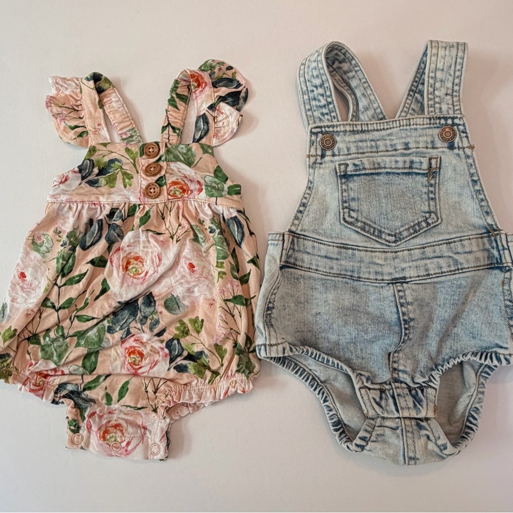 Okie Dokie Light Blue Denim (6-9) and posh peanuts floral (3-6)
